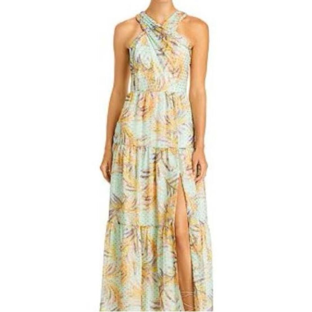 Aidan by Aidan Mattox teal and orange metallic gold halter tiered maxi dress